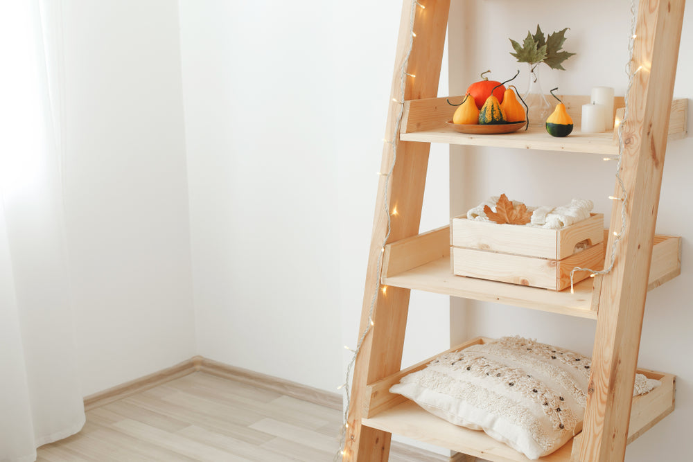 Wooden shelves autumn composition