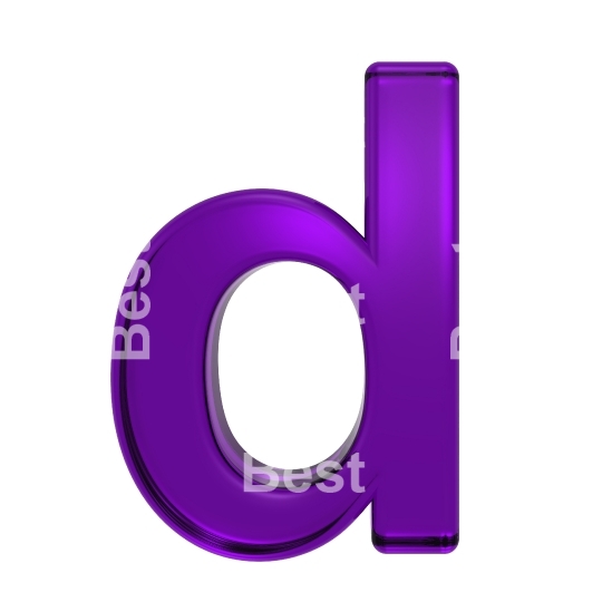 One lower case letter from purple glass alphabet set, isolated on white.