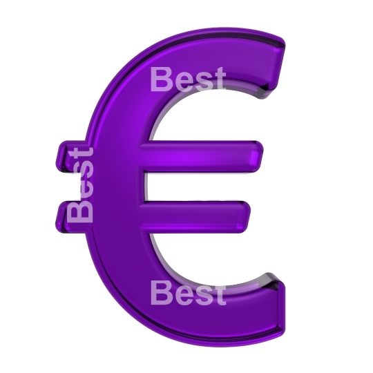 Euro sign from purple glass alphabet set, isolated on white.