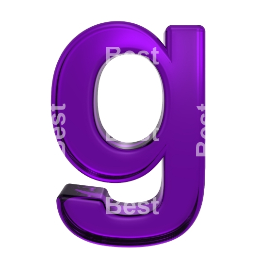 One lower case letter from purple glass alphabet set, isolated on white.