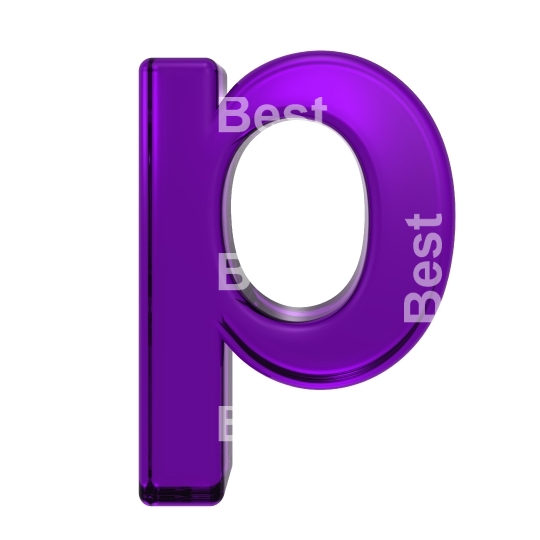 One lower case letter from purple glass alphabet set, isolated on white.