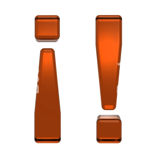 Exclamation mark from orange glass alphabet set, isolated on white.