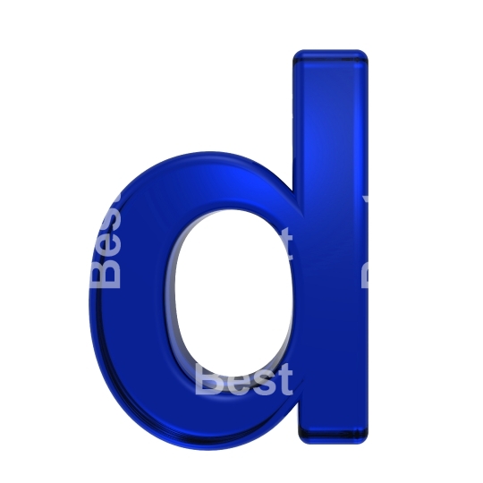 One lower case letter from blue glass alphabet set, isolated on white.