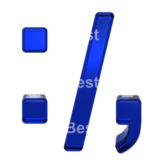 Colon, semicolon, period, comma sign from blue glass alphabet set, isolated on white. 