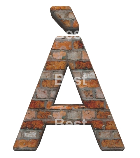 One letter from old brick alphabet set, isolated on white.