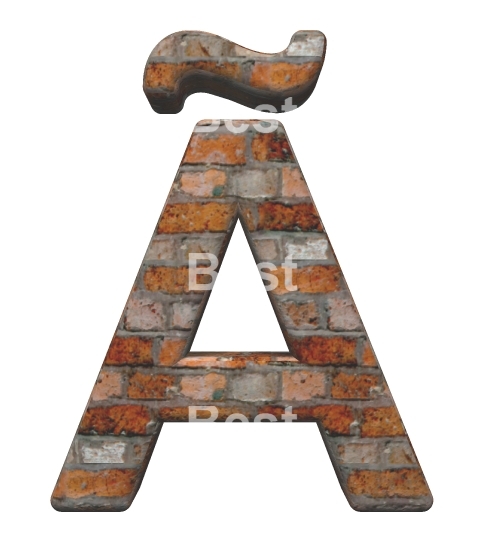 One letter from old brick alphabet set, isolated on white.