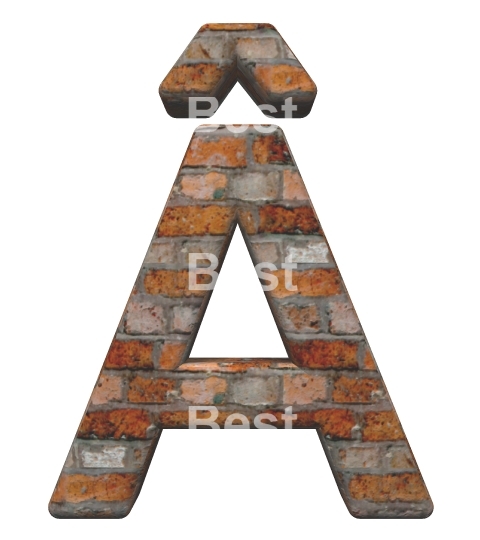 One letter from old brick alphabet set, isolated on white.