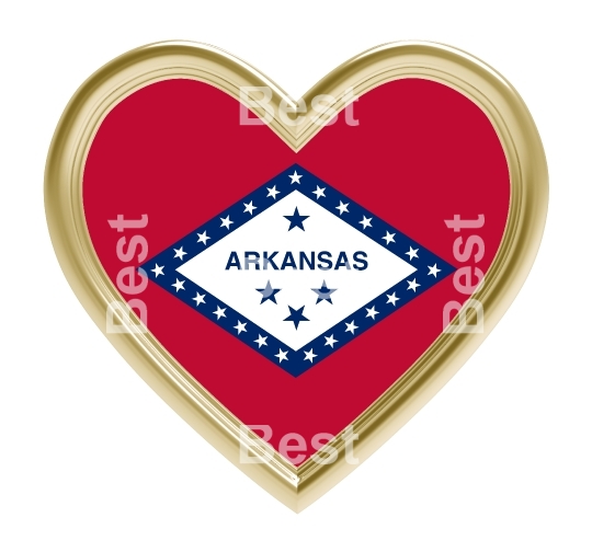 Arkansas flag in gold heart isolated on white background