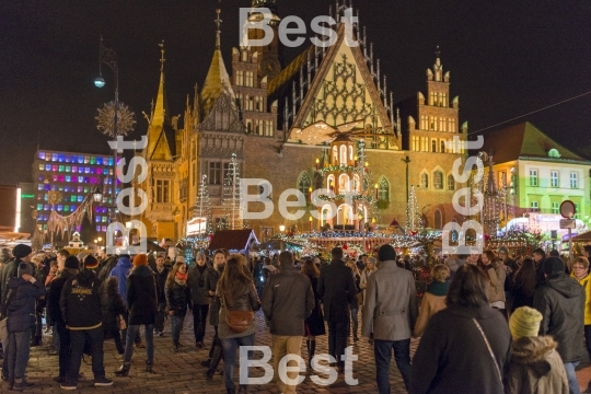 Christmas market in the Old Market Square in front of City Hall in Wroclaw, Poland