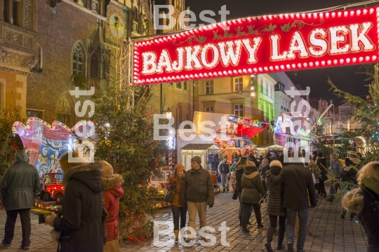 Christmas market in the Old Market Square in front of City Hall in Wroclaw, Poland