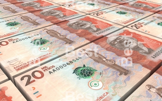 Colombian pesos bills stacks background.