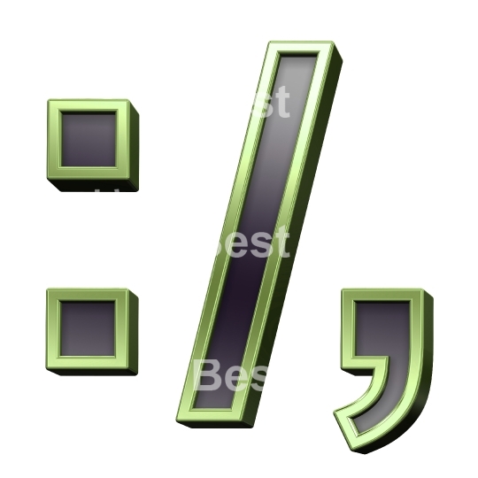 Colon, semicolon, period, comma from black glass with green frame alphabet set, isolated on white.