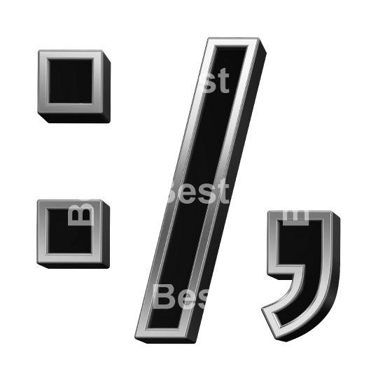 Colon, semicolon, period, comma sign from black with shiny silver frame alphabet set, isolated on white. 