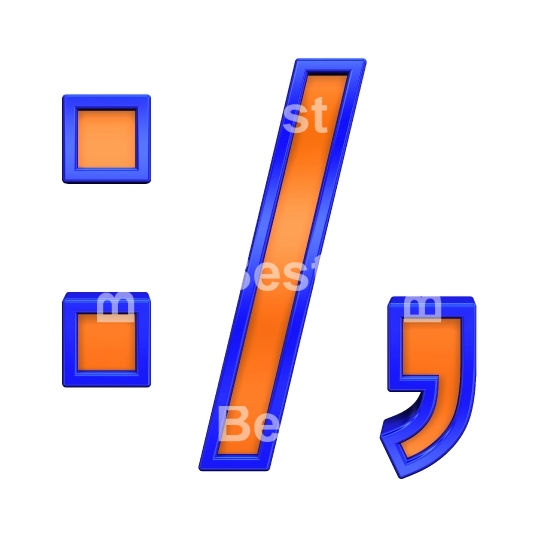 Colon, semicolon, period, comma sign from orange with blue frame alphabet set, isolated on white. 