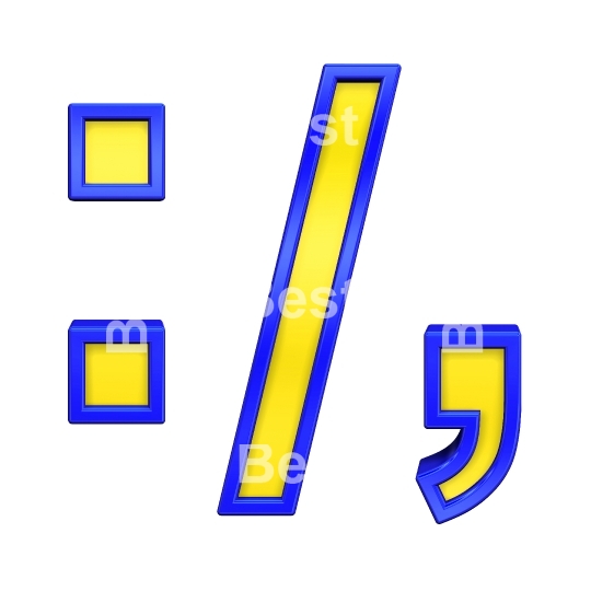 Colon, semicolon, period, comma sign from yellow with blue frame alphabet set, isolated on white. 