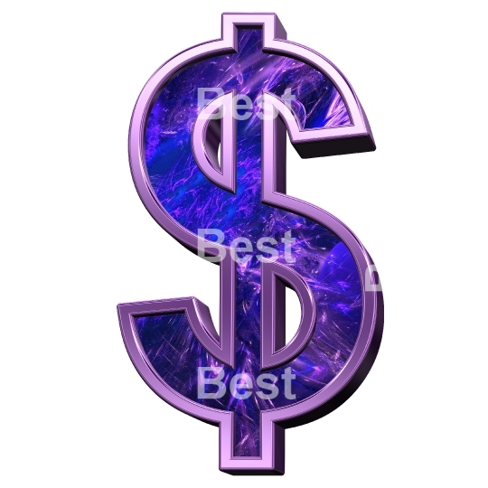 Dollar sign from fractal with purple frame alphabet set, isolated on white.