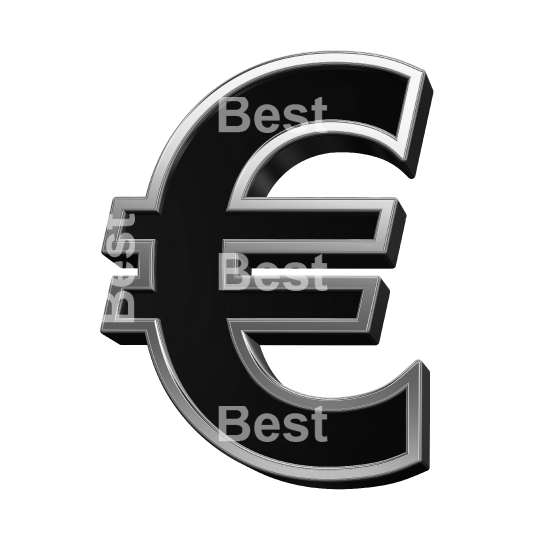 Euro sign from black with shiny silver frame alphabet set, isolated on white. 