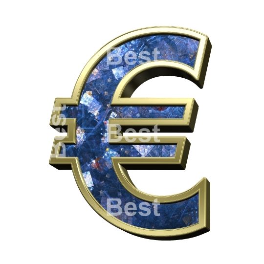 Euro sign from blue fractal with gold frame alphabet set, isolated on white.