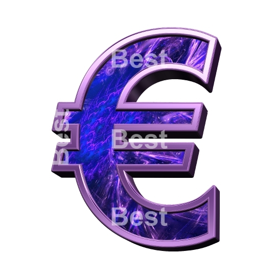 Euro sign from fractal with purple frame alphabet set, isolated on white.