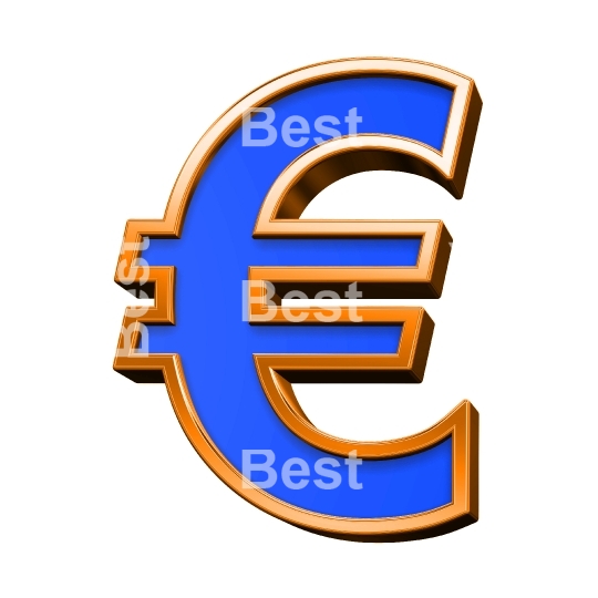 Euro sign from from blue with orange frame alphabet set, isolated on white. 