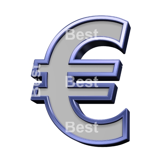 Euro sign from gray with blue frame alphabet set, isolated on white