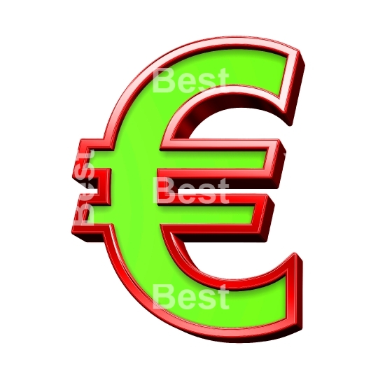 Euro sign from green with shiny red frame alphabet set, isolated on white. 