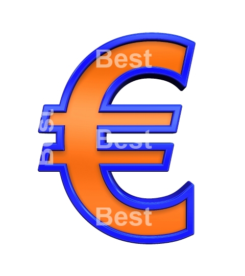 Euro sign from orange with blue frame alphabet set, isolated on white. 