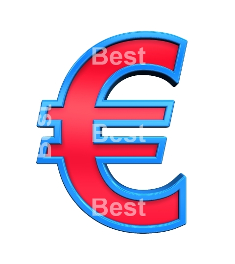 Euro sign from red with blue frame alphabet set, isolated on white. 