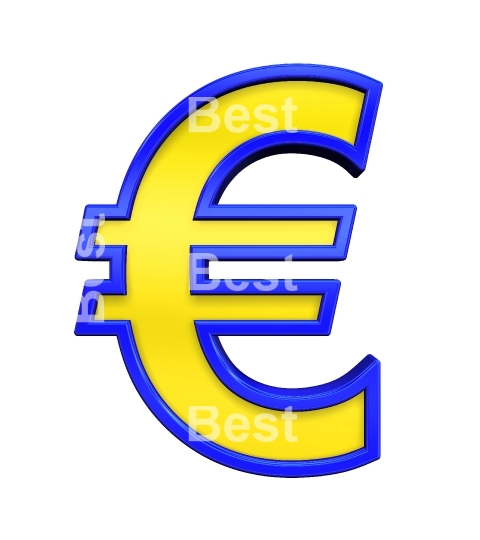 Euro sign from yellow with blue frame alphabet set, isolated on white. 