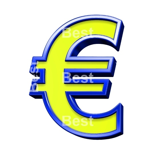 Euro sign from yellow with shiny blue frame alphabet set, isolated on white. 