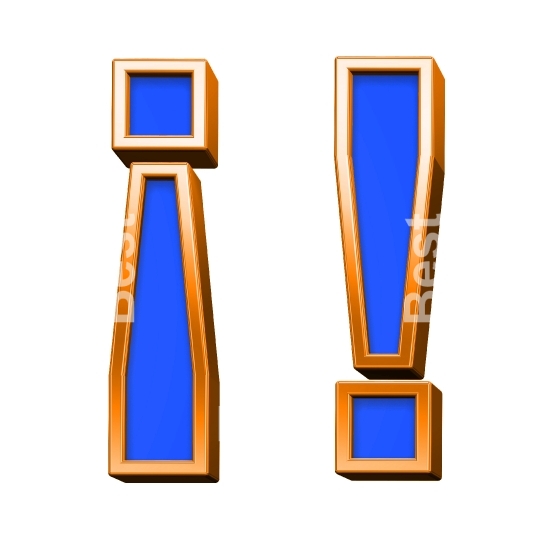 Exclamation mark from blue with orange frame alphabet set, isolated on white. 