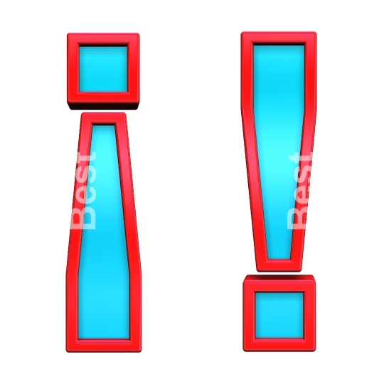 Exclamation mark from blue with red frame alphabet set, isolated on white. 