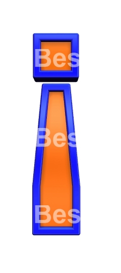 Exclamation mark from orange with blue frame alphabet set, isolated on white. 