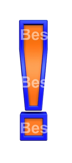 Exclamation mark from orange with blue frame alphabet set, isolated on white. 