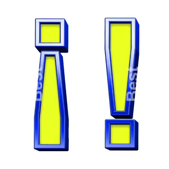 Exclamation mark from yellow with shiny blue frame alphabet set, isolated on white. 