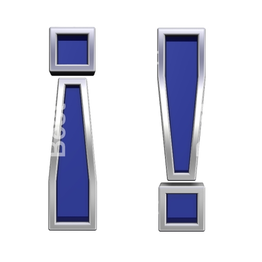 Exclamation mark sign from blue glass with chrome frame alphabet