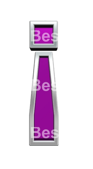 Exclamation mark sign from purple glass with chrome frame alphabet set, isolated on white.