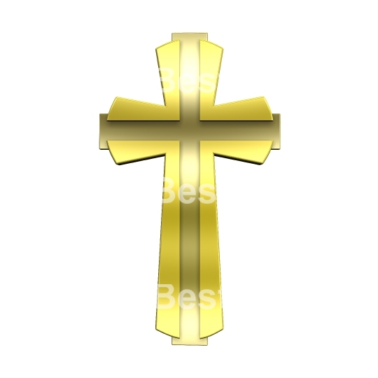 Gold Christian cross isolated on white. 