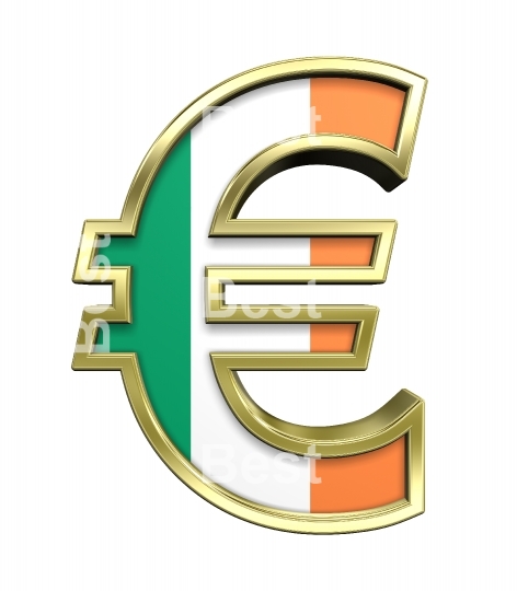 Gold Euro sign with Ireland flag isolated on white.