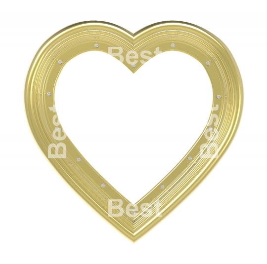 Golden heart picture frame isolated on white