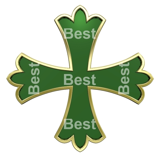 Green with gold frame heraldic cross isolated on white. 