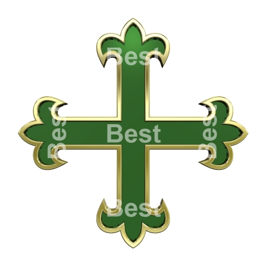 Green with gold frame heraldic cross isolated on white. 