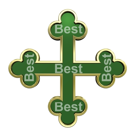 Green with gold frame heraldic cross isolated on white. 