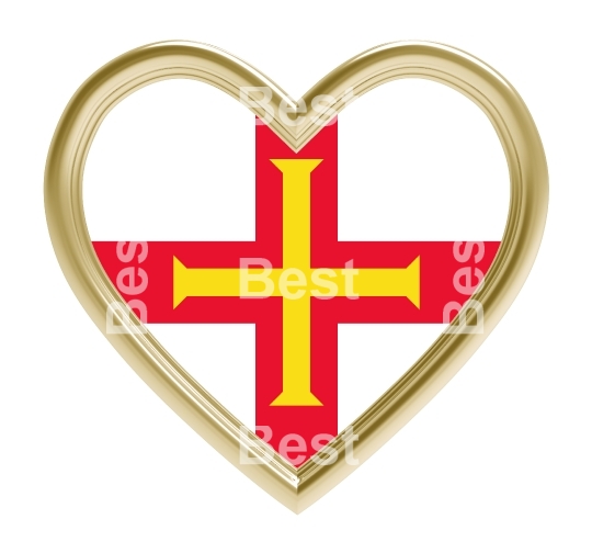 Guernsey flag in gold heart isolated on white background.