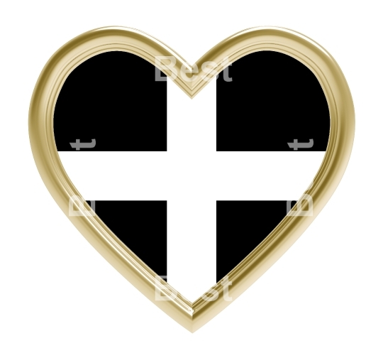 Kernow Cornwall flag in gold heart isolated on white background.