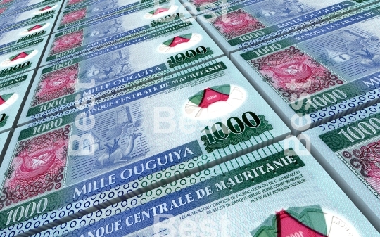 Mauritanian ouguiya bills stacks background