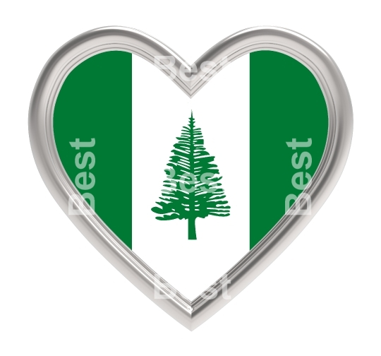 Norfolk Island flag in silver heart isolated on white background.