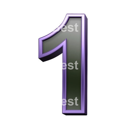 One digit from black glass with purple frame alphabet set, isolated on white.