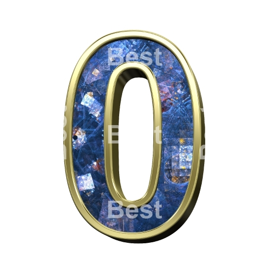 One digit from blue fractal with gold frame alphabet set, isolated on white.