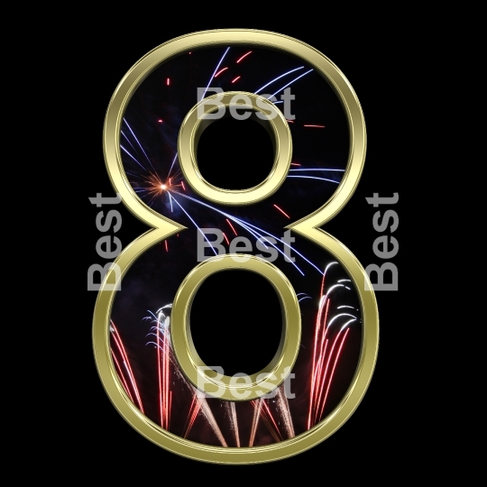 One digit from firework with gold frame alphabet set